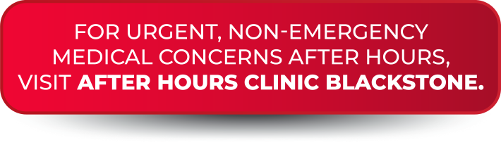 Red informative banner highlighting after-hours non-emergency medical care at After Hours Clinic Blackstone